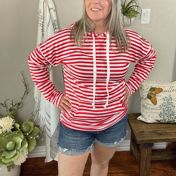 Red and White Stripe Hoodie - Picture 1 of 2